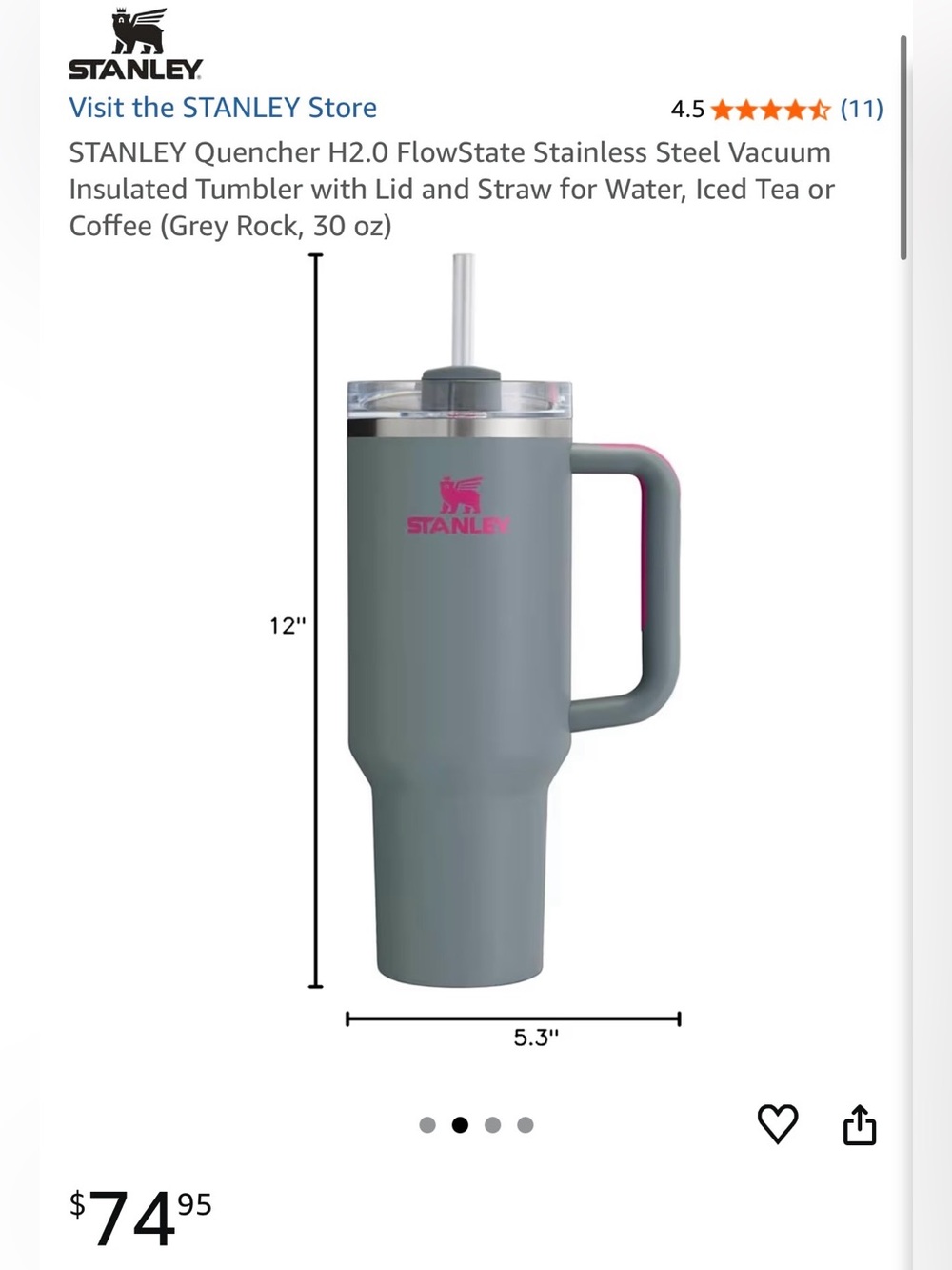 Stanley Quencher 30oz H2.0 FlowState – Grey Rock (Pink Accents) – NEW - Picture 5 of 5